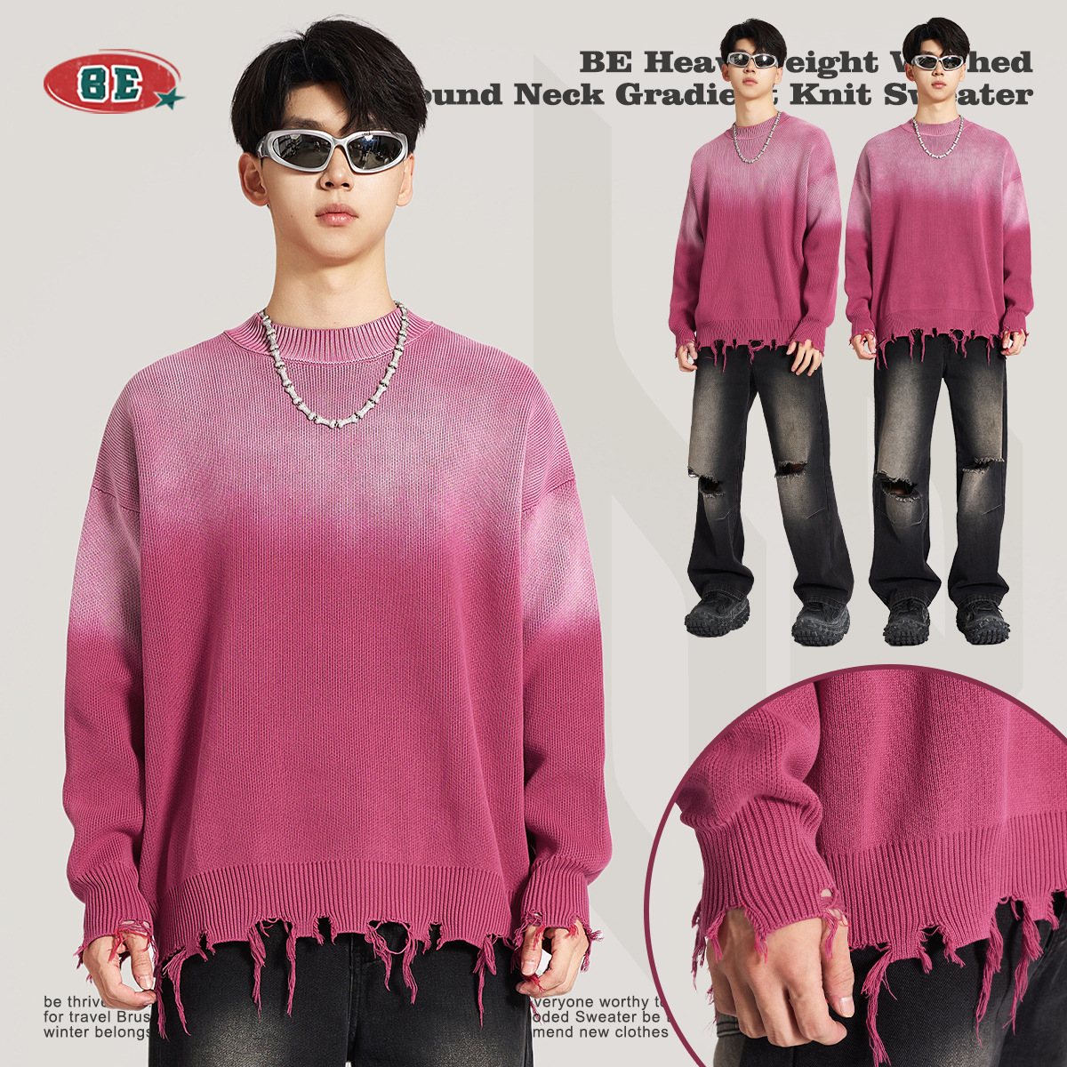 Suéter de Punto para Hombre BE, Otoño/Invierno 2025, Estilo Retro Americano, Marca de Moda, Lavado, Desgastado, Cuello Redondo, Degradado, para Parejas