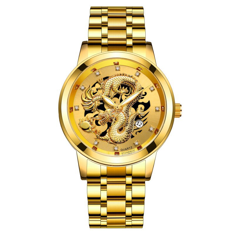 Trendy Foreign Trade Men's Watch with Calendar, Steel Band, Non-Mechanical, Business, Waterproof, Square Diamond, Chinese Dragon Design Trendy Foreign Trade Men's Watch with Calendar, Steel Band, Non-Mechanical, Business, Waterproof, Square Diamond, Chinese Dragon Design