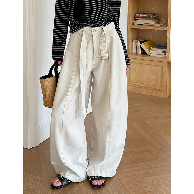 Orange-Colored Wide-Leg Jeans with Belt for Women, High-Waisted Loose Pants 5659, Designed Specifically for Pear-Shaped Body Types, Slimming Straight Cut
