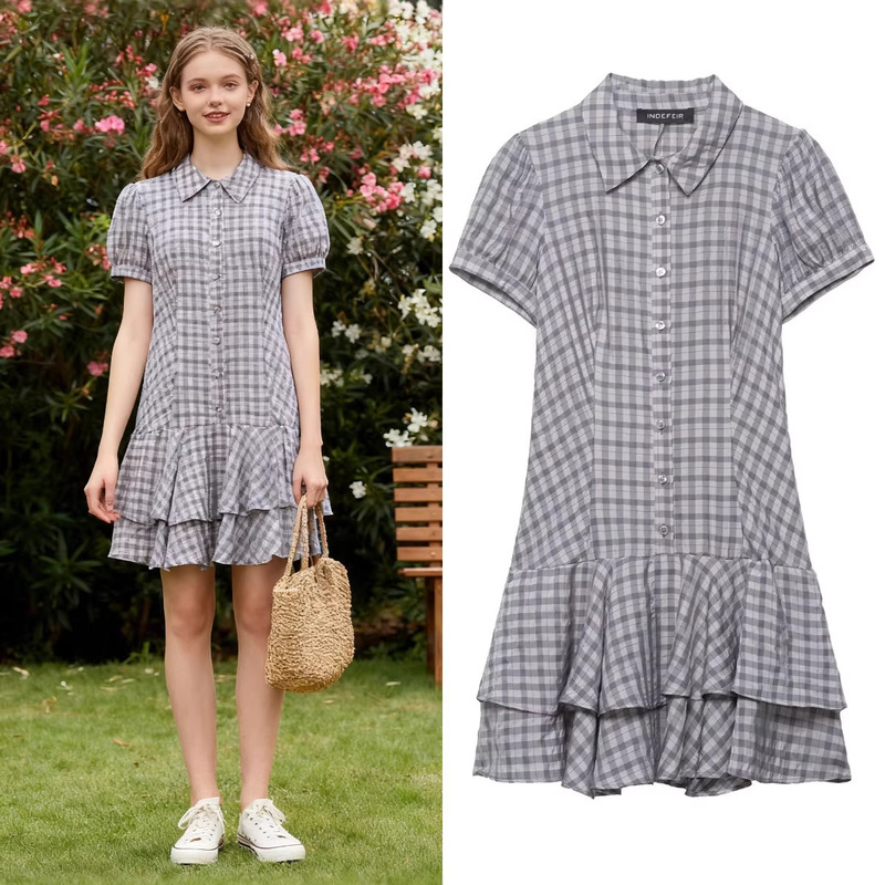 Z Brand Foreign Trade Cross-Border Ready Stock European and American Style Women's Clothing 2026 Spring New Layered Decorative Plaid Short Dress
