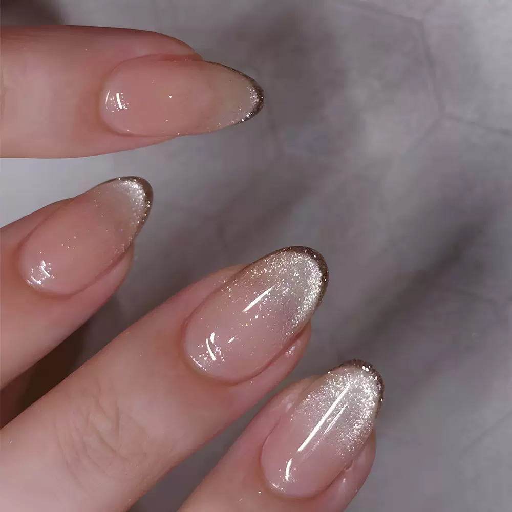 简约棕色冷茶显白猫眼穿戴甲 裸色闪粉跨境美甲nails 杏仁甲30片