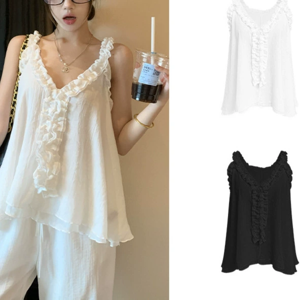 Летний французский свободный элегантный топ без рукавов с v-образным вырезом и подтяжками для женщин A1019 белый