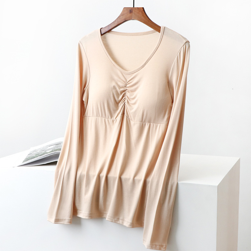 Modal T-shirt with Chest Pad Women's Long-Sleeved Wear-Free Bra Cup All-in-One Western Style All-Match Slim-Fit Inner Base Shirt Modal T-shirt with Chest Pad Women's Long-Sleeved Wear-Free Bra Cup All-in-One Western Style All-Match Slim-Fit Inner Base Shirt