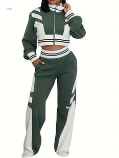 Women Two Piece Sweat Suits Sets Color Block Crop Sweatshirt
