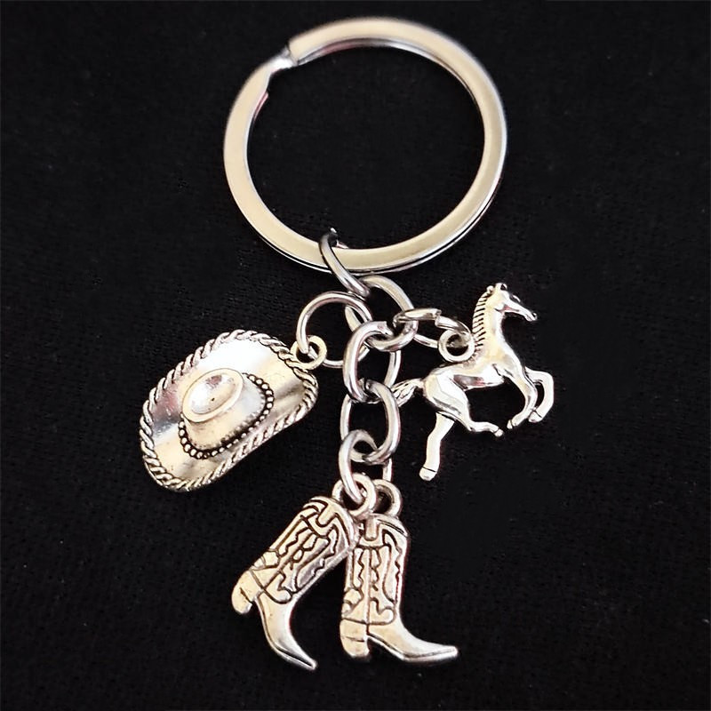 Cross-border Foreign Trade Jewelry American West Denim Series Horse Hat Cowboy Boots Zinc Alloy Keychain for Friends Gifts