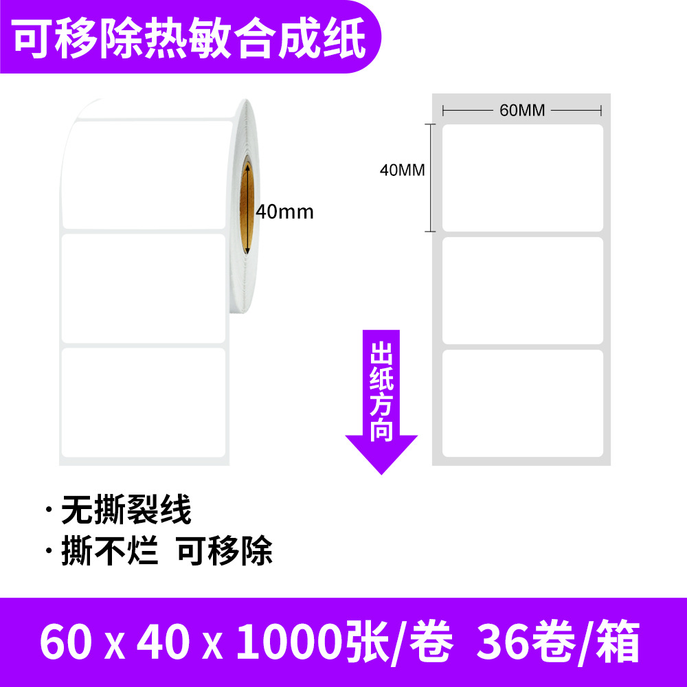 Removable thermal synthetic paper; 60x40x1000 sheets/roll