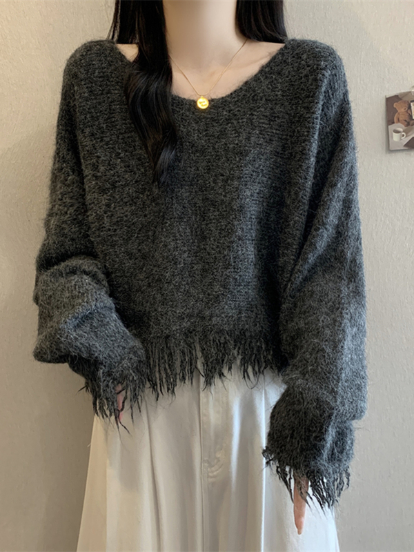 韩系高级感流苏针织衫女秋季新款设计感小众宽松百搭显瘦短款上衣|undefined