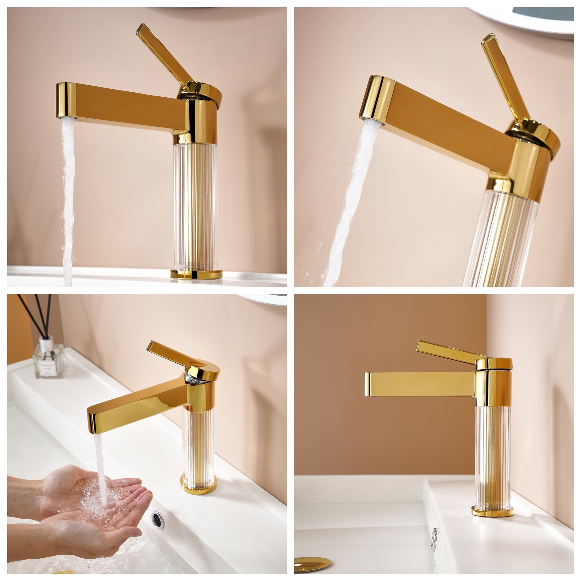 Cross-Border Transparent Crystal All-Copper Household Bathroom Hot and Cold Cream Style Basin Splash-Proof Faucet Hotel Project