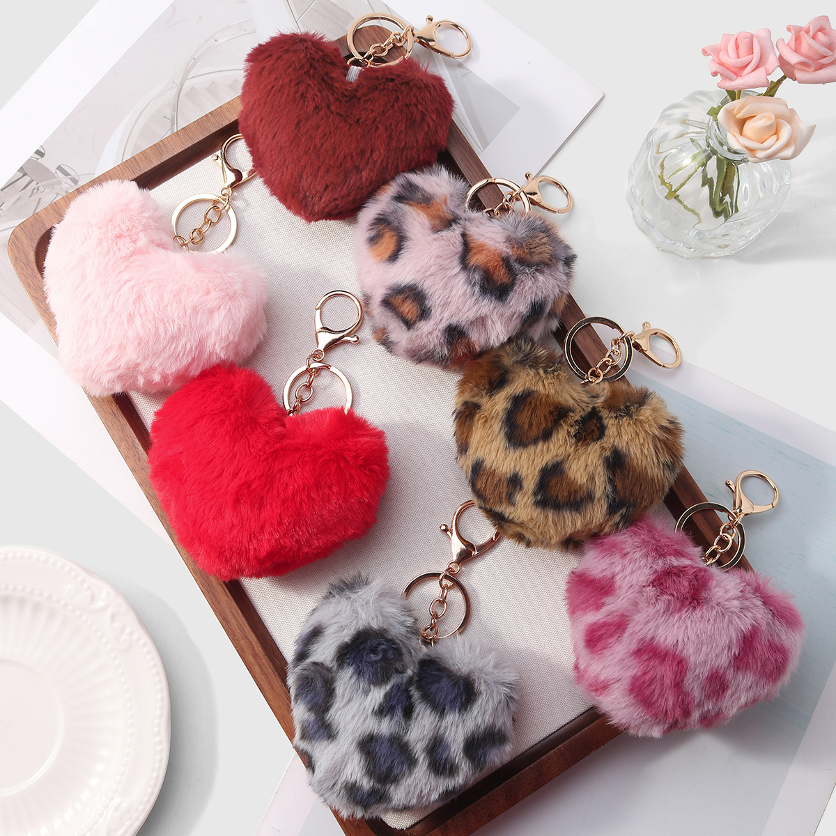 Y2K Sweet and Cool Stylish Retro Multi-Color Rex Rabbit Fur Leopard Print Tiger Pattern Plush Heart DIY Keychain Bag Pendant