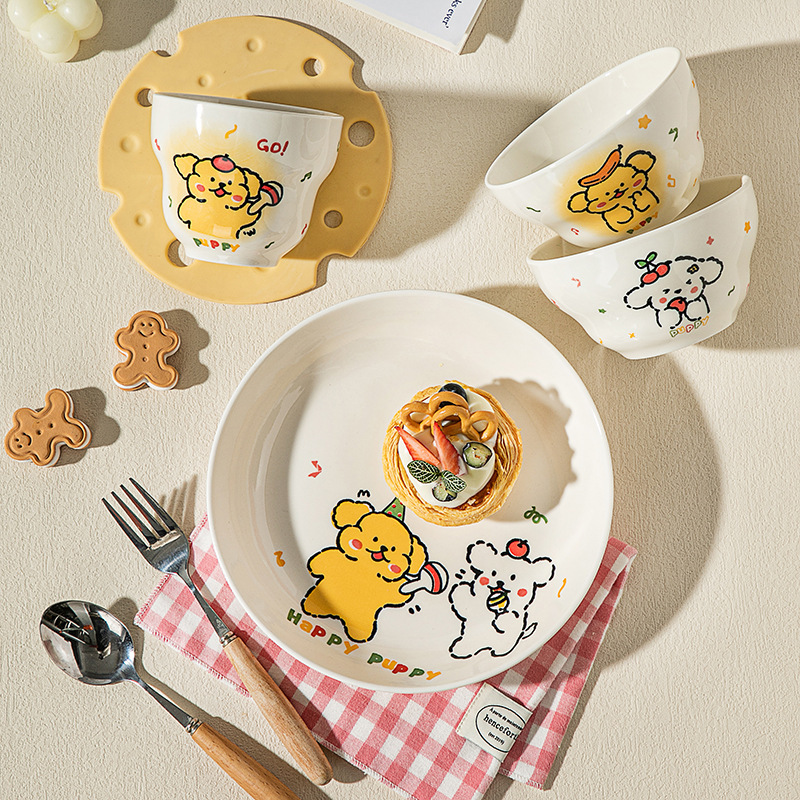 Bowl Cartoon Cute High-Looking New Underglaze Color Ceramic Instant Noodle Bowl Spoon Cup Plate Household Dish Set