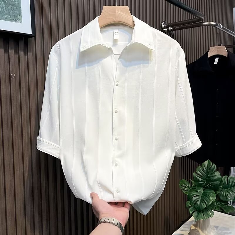 Camicia a maniche corte a righe premium da uomo – Top casual traspirante in misto seta antipiega per stilisti e professionisti urbani (nero/bianco)_voghion.com