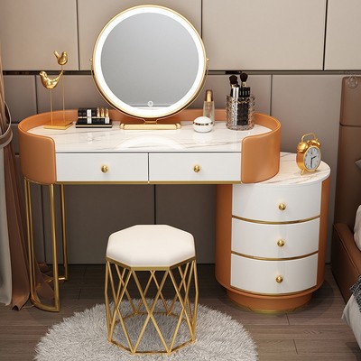 100 오렌지 엣지 + 화이트 드로잉 테이블 + 원형 캐비닛 + 거울 + 새둥지 스툴 화이트 TLMS - 원형 스타일