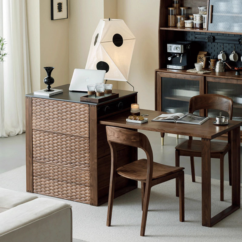 North American Black Walnut Solid Wood Island Table Integrated Retractable Household Rock Board Island Kitchen Bar Furniture