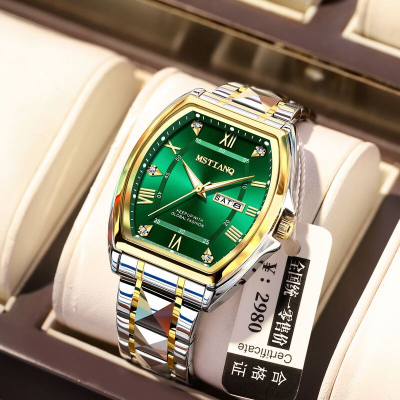 Wine Barrel Fashion Aggressive Men's Watch Automatic Non-mechanical Waterproof Business Double Calendar Luminous Watch Men's Wrist Watch