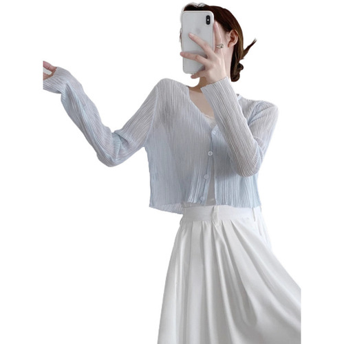 Sunscreen cardigan for women with thin suspender skirt summer short top bamboo joints ice silk with long sleeve collar blouse