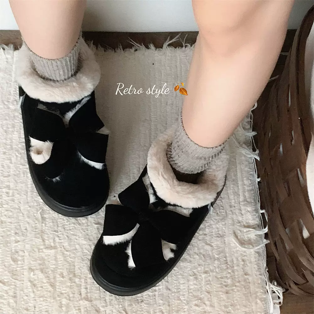 加绒保暖蝴蝶结雪地靴女冬ins潮韩版软厚底短靴时尚外穿休闲棉鞋