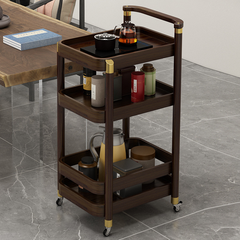 Mesa de té móvil, carrito móvil, mesa de té cuadrada ovalada redonda multicapa, varios lados de bambú, nuevo estilo chino