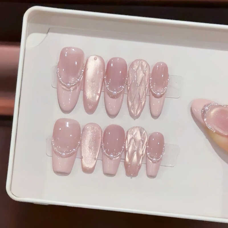 【Chanel Milk】Purely Handmade Wearable Nails French Style Sparkling White Cat Eye Elegant Pure Desire Style Cross-Border Wearable Patch