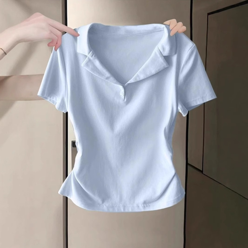 Foreign Trade Clearance ~ Brand Polo Shirt Lapel Short-Sleeved Right Shoulder T-Shirt Women's V-Neck Slim Waist Short Top
