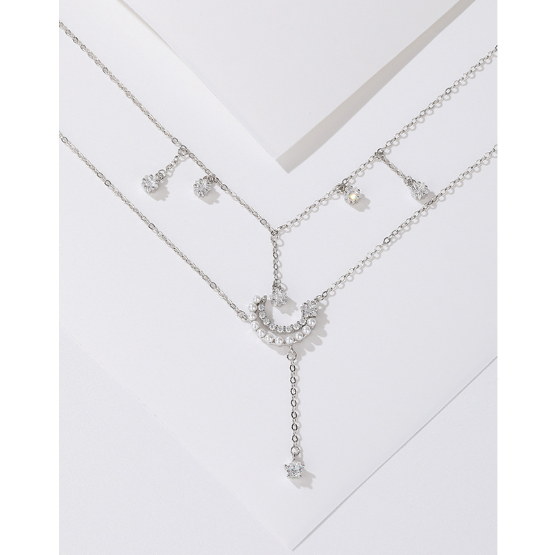 Luz nicho de lujo de diseño avanzado sentido estrella Luna Cadena de clavícula collar apilado de doble capa de perlas de plata esterlina S925