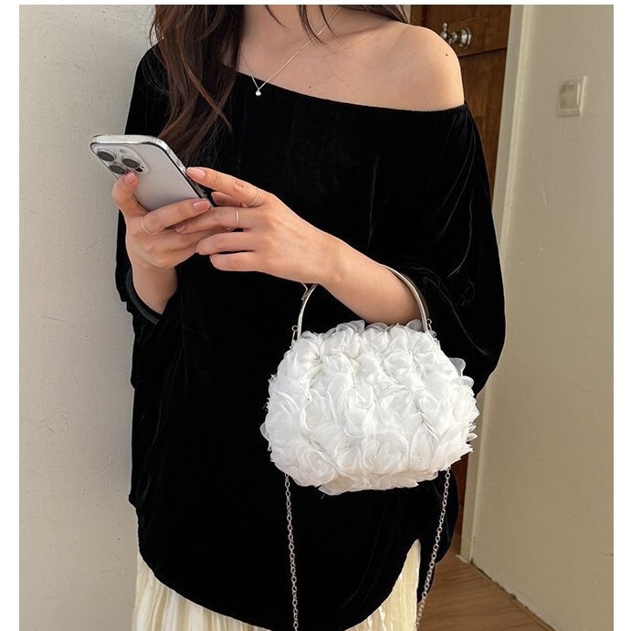 Cross-Border Romantic White Floral Bridal Clutch Bag with Flower Kiss Lock Closure, Evening Bag, Rose Crossbody Handbag, Versatile