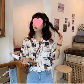 慵懒新款五分袖中长款常规潮流港风薄款短袖印花衬衫女2026夏季