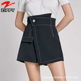 韩系简约风明线设计高腰不规则短裤女 定制通勤百搭工装A字阔腿裤