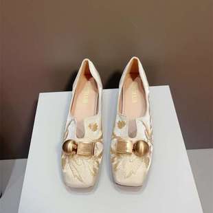 Retro New Chinoiserie 2025 Spring New Low-Heeled Women's Shoes Versatile Square-Toe Flats Women's Beanie Shoes Flats Loafers