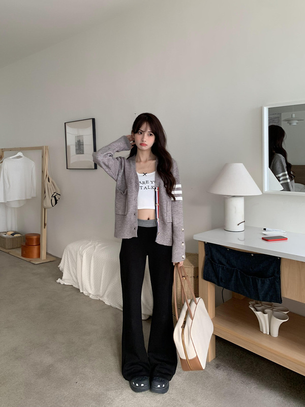 橘子树在哪儿腰头撞色休闲弹力喇叭裤女春季修身显瘦垂感拖地卫裤|undefined