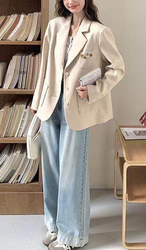 Áo vest nữ dáng suông thanh lịch, tay dài, cổ vest, phong cách công sở — Màu yến mạch (chất lượng cao) chi tiết 9