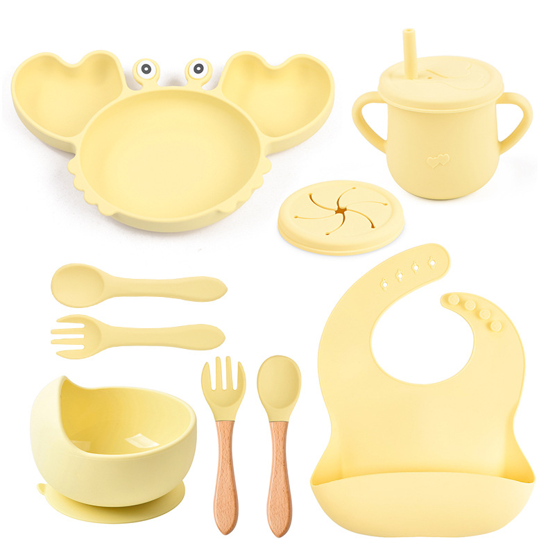 Set de vajilla para bebé de silicona de 9 piezas - Plato con forma de cangrejo, babero, plato dividido, cuchara, tenedor, taza