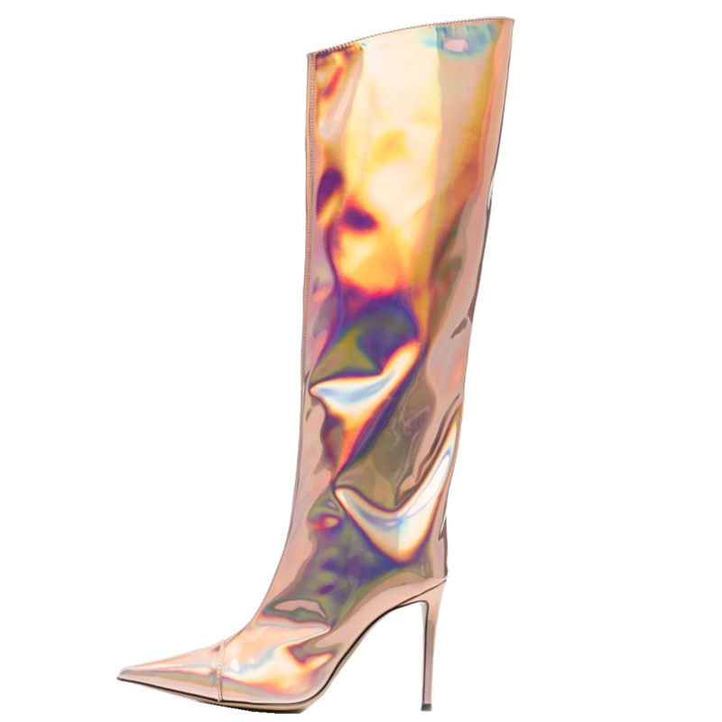 2021 New Catwalk Autumn and Winter High-heeled Pointed Magic Color Patent Leather High-heeled Knee-length Foreign Trade Cross-border Large Size Boots for Women