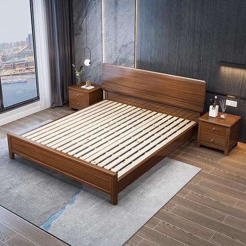 Chinese style walnut solid wood bed bedroom 1.5m 1.8m double bed factory direct sale minimalist high box storage wedding bed