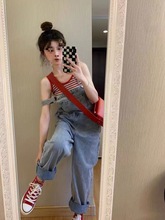 复古牛仔背带裤女春秋设计感小众宽松洋气减龄阔腿吊带连体裤夏季