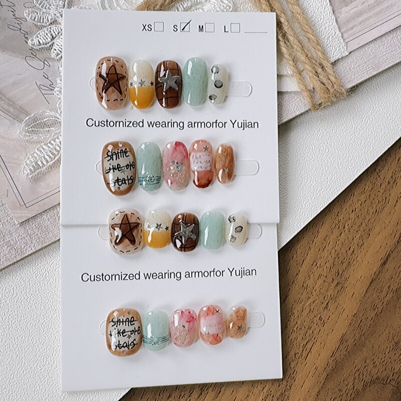 High-End Maillard Style Wearable Nails, Hand-Painted Graffiti Stars, Short Style for Commuting, Pure Handmade Detachable Fake Nails High-End Maillard Style Wearable Nails, Hand-Painted Graffiti Stars, Short Style for Commuting, Pure Handmade Detachable Fake Nails