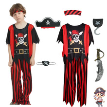 万圣节童短袖长裤套装加勒比海盗杰克船长cos服装男童条纹表演服