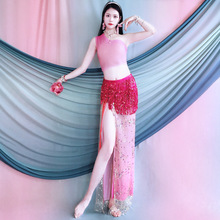 肚皮舞服傣族舞练功服玫红粉渐变珠绣围裙套装舞蹈服儿童表演出服