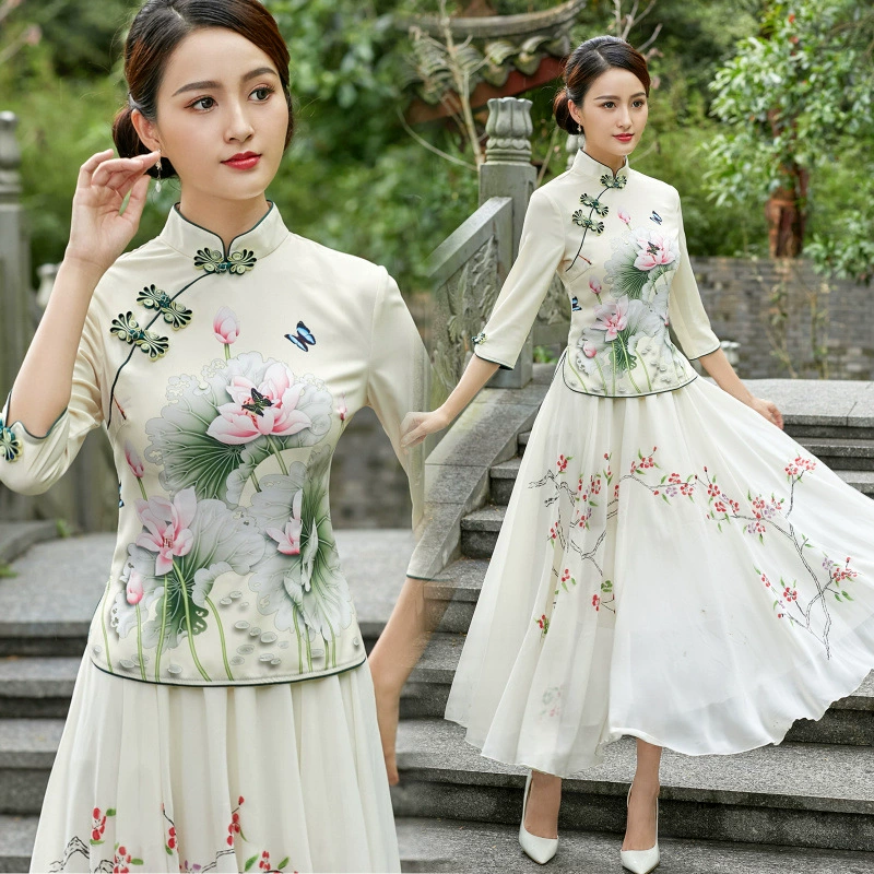Китайский стиль элементы этнического стиля новый свежий изысканный элегантный лотос с семиточенным рукавом китайский чонсам топ