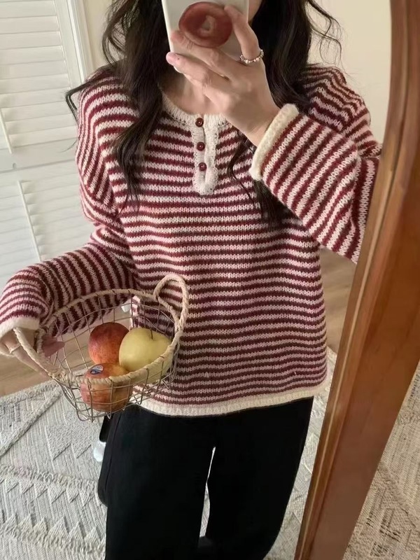 韩系宽松慵懒风半开领三扣条纹套头毛衣秋冬新款休闲百搭上衣女|undefined