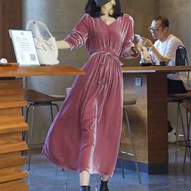 2025秋宽松新款金丝绒连衣裙长款修身气质长袖大码秋装女长裙子