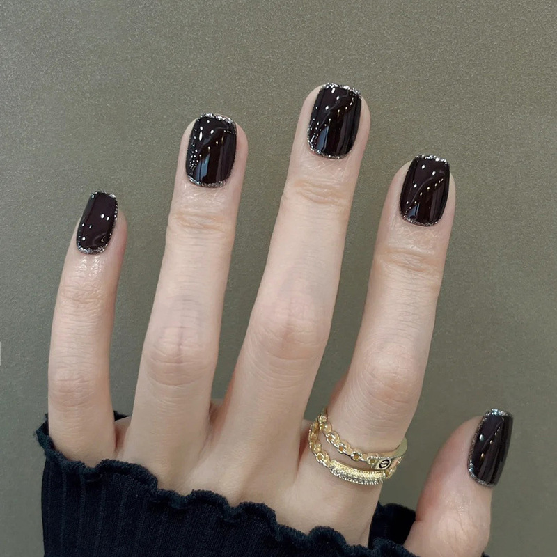Black Premium Sense Silver Flash French Square Head Temperament White Daily Short 24 Wearable Nail Patch