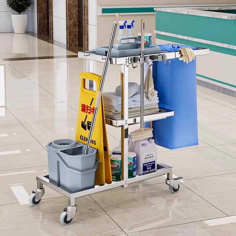 Carrito de limpieza de acero inoxidable para habitaciones de hotel carrito de paja multifuncional para limpieza de propiedad carrito de limpieza especial