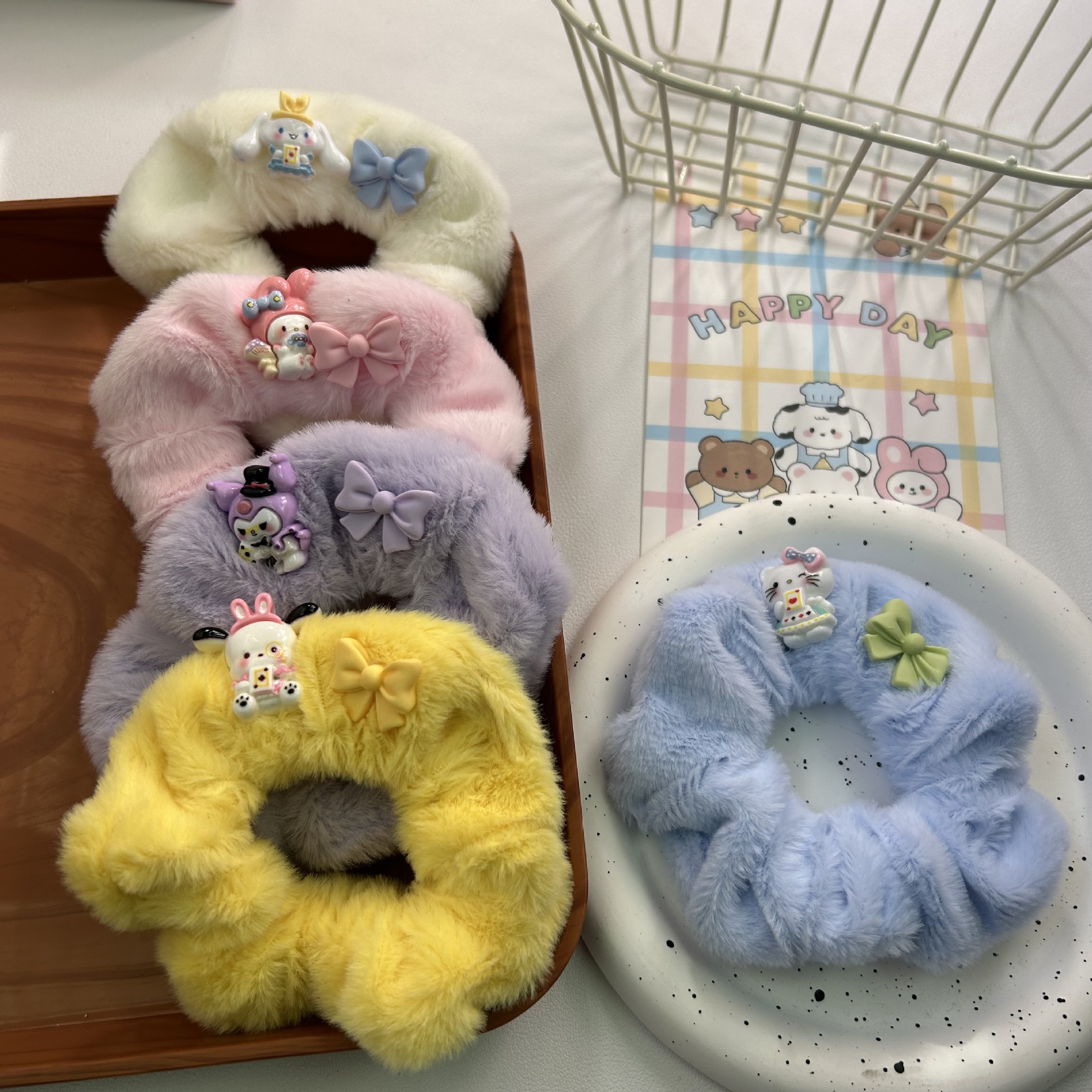 Otoño y invierno lindos anillos de peluche de intestino colomi niños anillo de cabello dulce cuerda de cabeza arco de cabello banda de piel