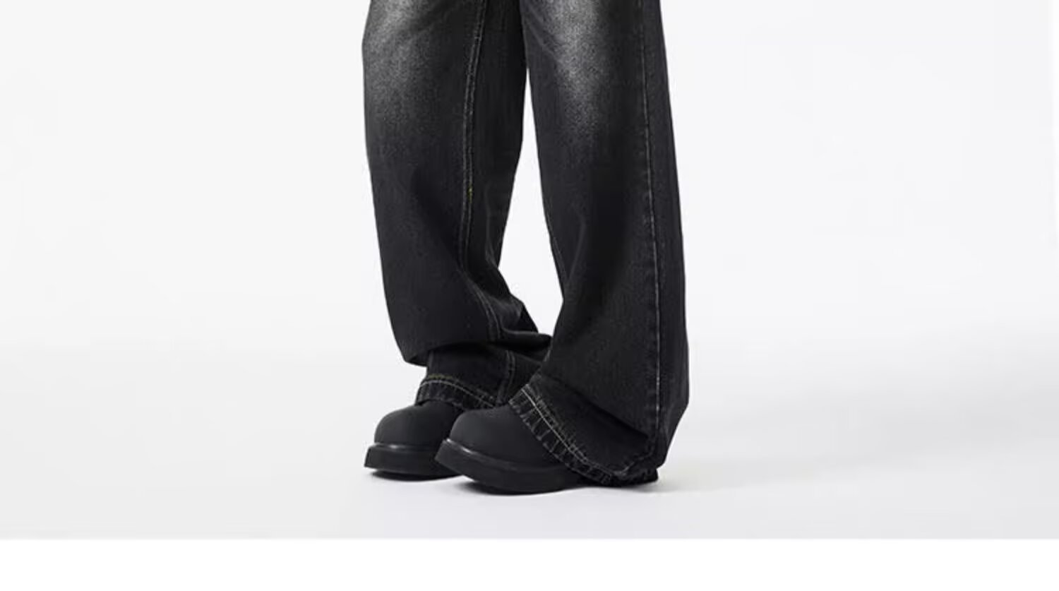 Men's Vintage Washed Denim Jeans Slightly Flared Wide-Leg Cat Whisker Detailing High-Street Style Cleanfit Black Blue (S-3XL)_mkmklike.com