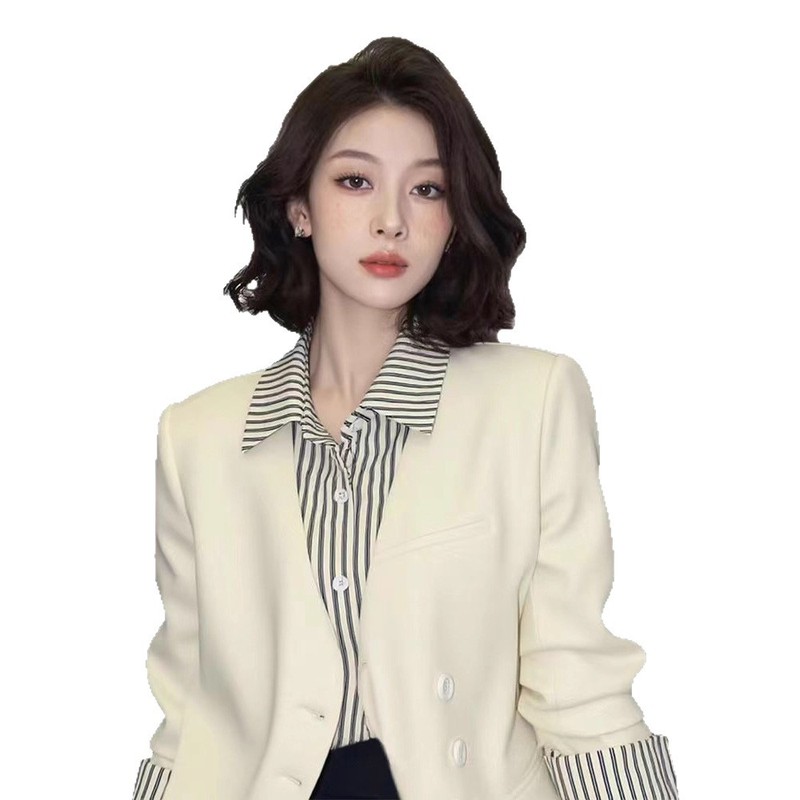 白色假两件条纹西装外套女2025新款秋气质高端独特超好看职业上衣|undefined