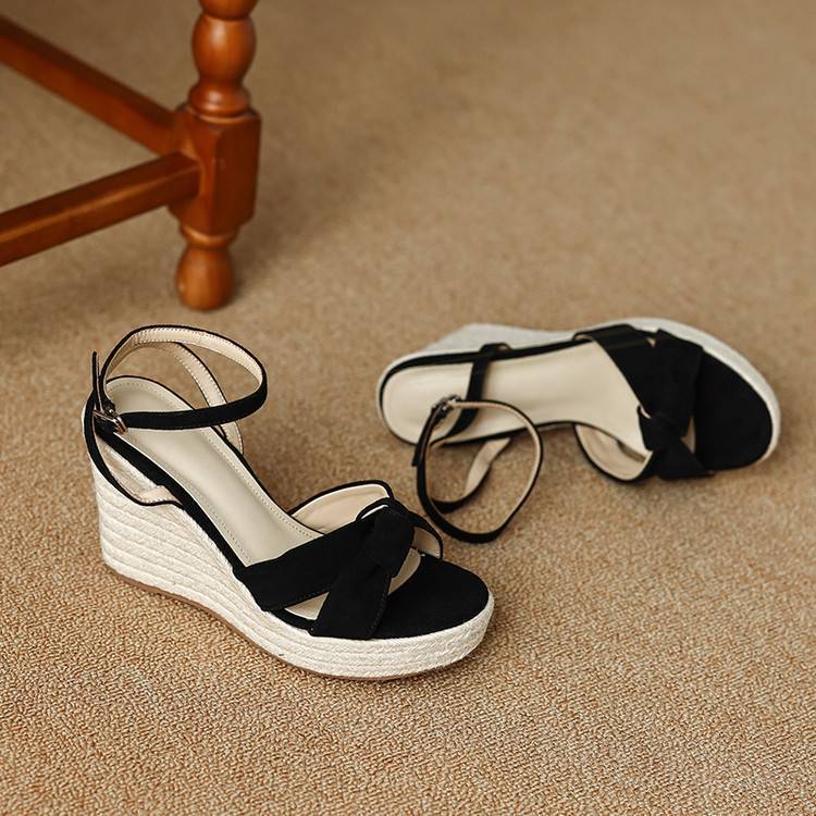 Sandal cao gót nữ hở mũi đế xuồng đan rơm, gót 9 cm — màu đen, màu mơ chi tiết 13