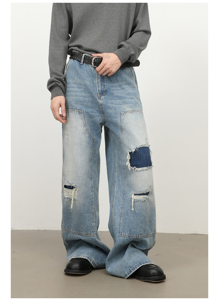 Quần jeans nam dáng rộng ống đứng phong cách Mỹ, wash xước rách phối vải — màu xanh chi tiết 10