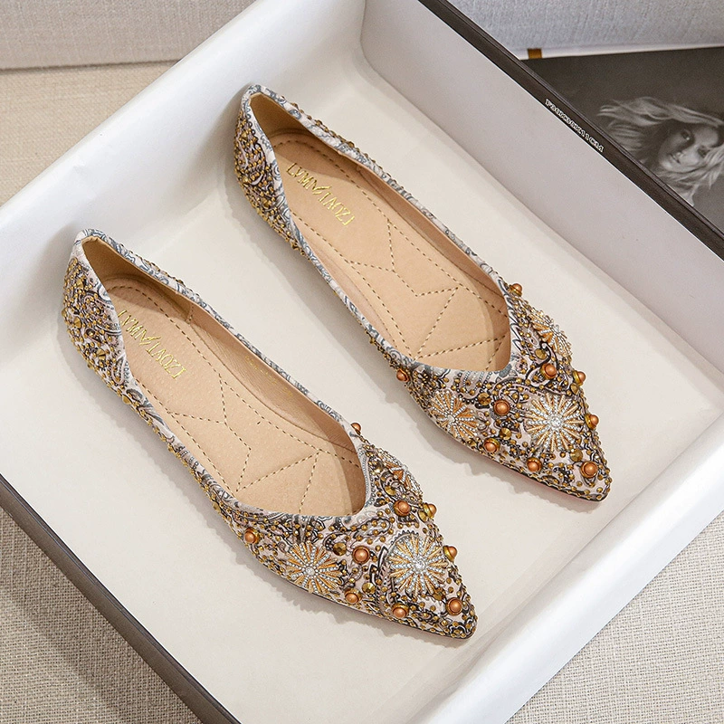 Плоские туфли для женщин, заостренный носок, кабошоны-римские камни на rhinestones, весна–осень 2025, размеры 34–43