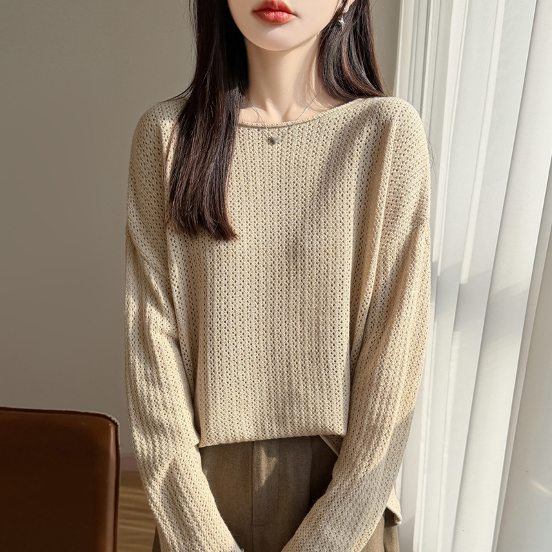 Spring and Autumn New Style Thin Women's Fine Wool Rolled-Edge Off-The-Shoulder Hollow-Out Long-Sleeve Versatile Casual Knit Top