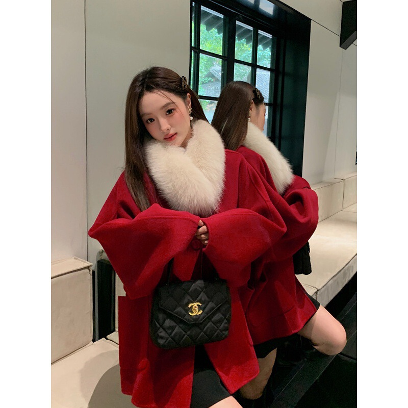 Butterfly Coat Red Double-Sided Cashmere Coat for Petite Women with Fox Fur Collar, Suitable for New Year and Weddings, Burgundy